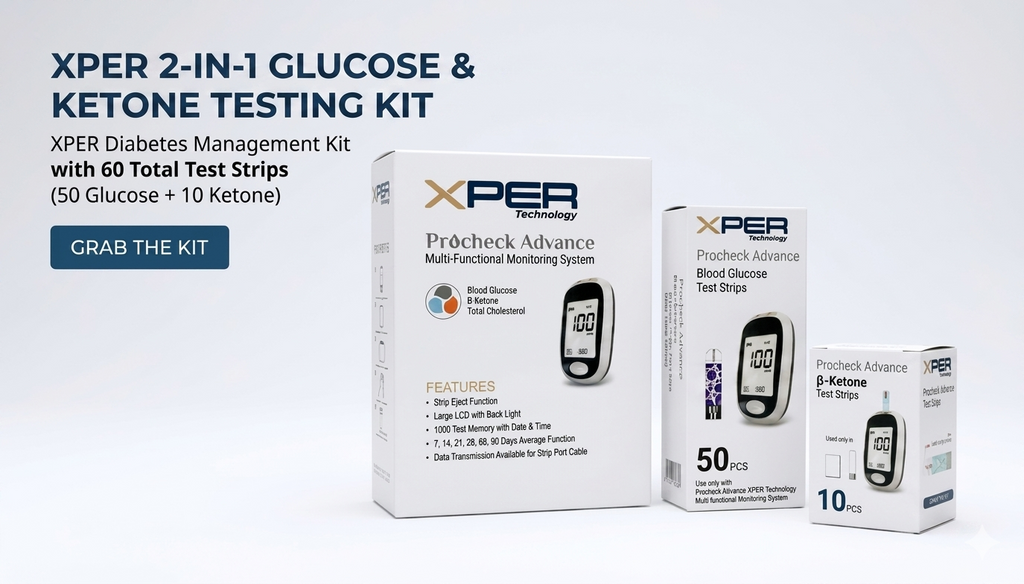 XPER 2-in-1 Glucose & Ketone Testing Kit | Diabetes Management Kit with 60 Strips