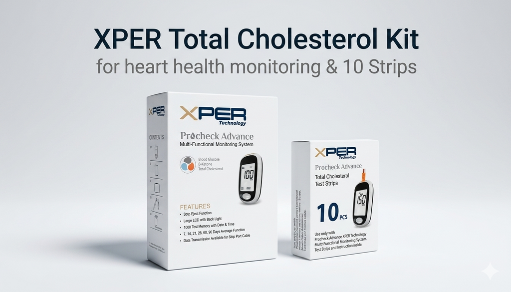XPER Total Cholesterol Test Kit | Multi-Functional Monitor & 10 Cholesterol Strips
