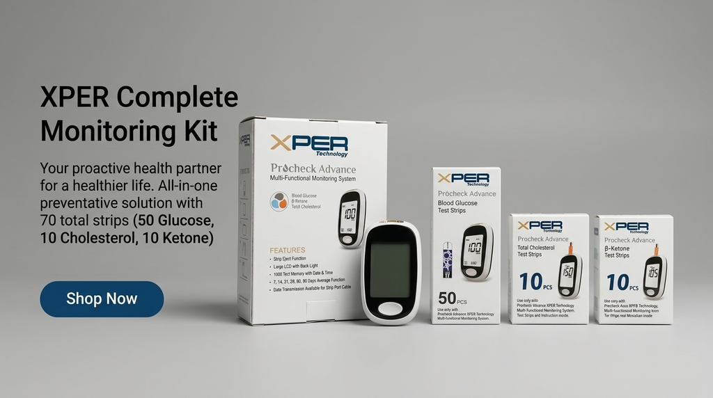 XPER 3-in-1 Multi-Functional Monitoring Kit | Blood Glucose, Ketone & Total Cholesterol Test Kit with 70 Strips