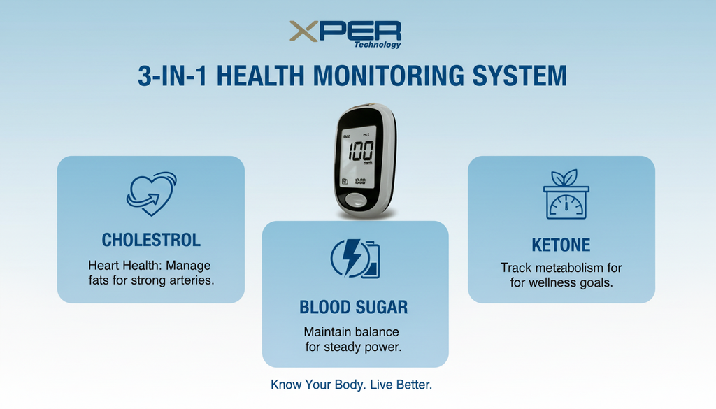 XPER Total Cholesterol Test Kit | Multi-Functional Monitor & 10 Cholesterol Strips